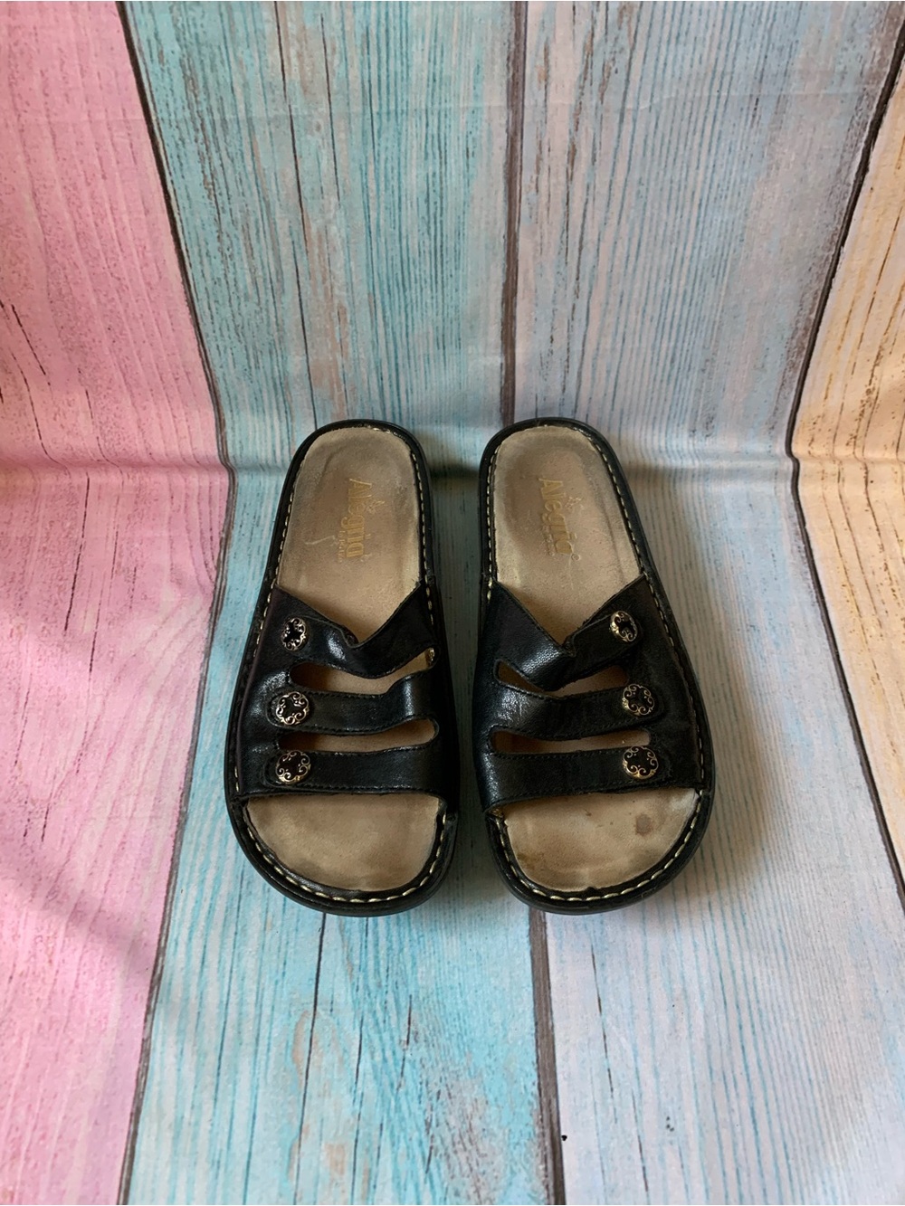 Alegria Black Women's Slide Sandals with Decorative Buttons